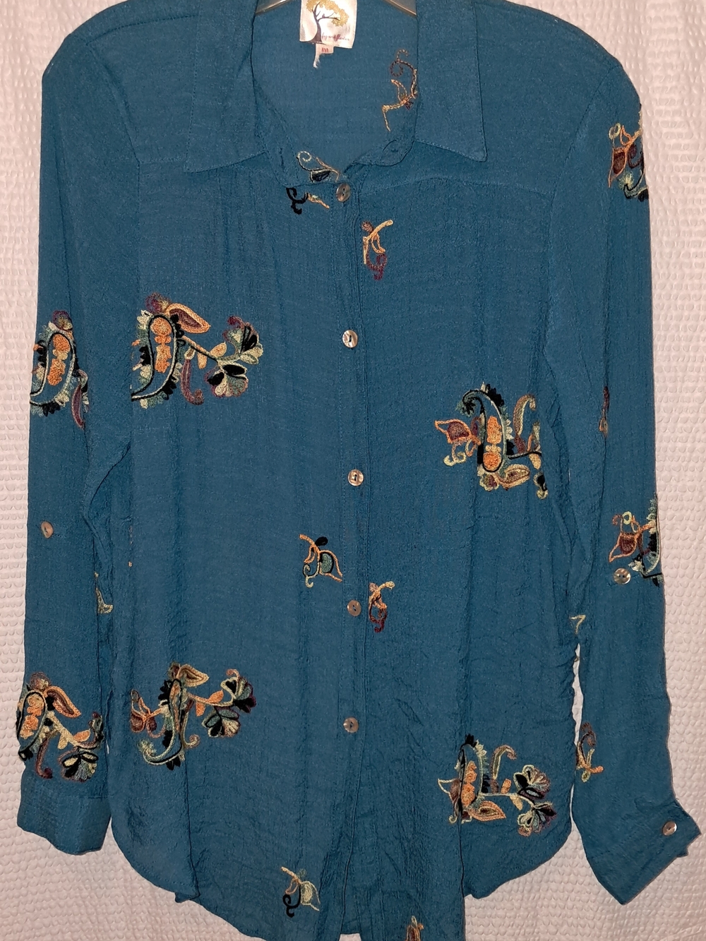 fig and flower Teal Embroidered Paisley Button-Down Shirt